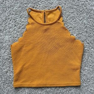 High Neck Scallop Edge Cropped Yellow Tank Top